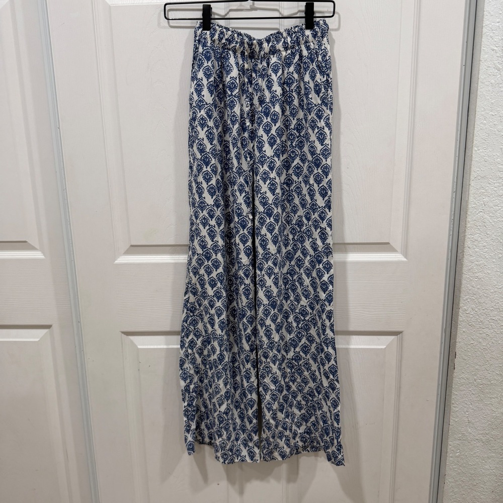Subdued Blue White Damask Print Wide Leg Trousers PN07J Made in Italy Medium